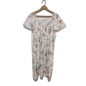 Vanity Fair Vintage Floral Midi Tricot Nightgown Women's L Flutter Sleeve Lace